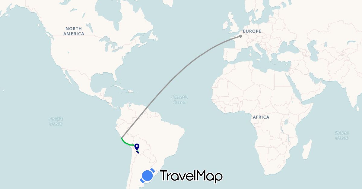 TravelMap itinerary: driving, bus, plane in Bolivia, France, Peru (Europe, South America)